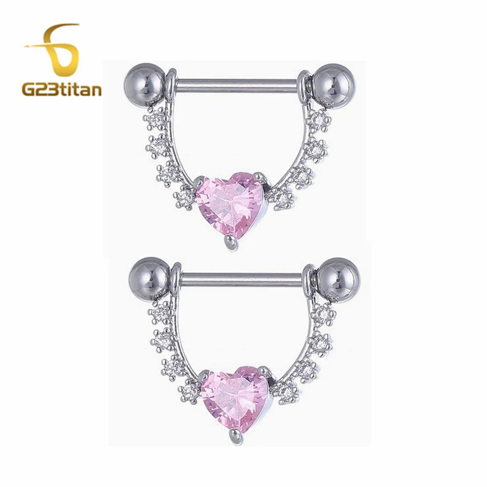 2pc Pink Zircon Heart Nipple Ring 14G Titanium or Steel Straight Barbell Women Sexy Accessories Hypoallergenic Piercing Jewelry