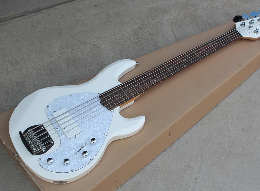 Flyoung 5 Strings White Electric Bass Guitar with Pearl Pickguard,Humbucker Pickups,Offer Customize