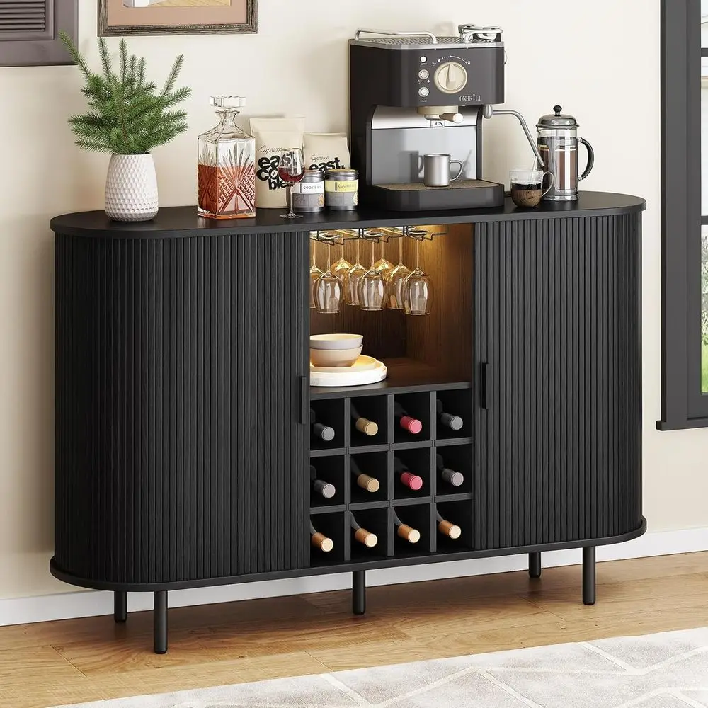 

LED-Lit 55 Wine Cabinet with Storage, Liquor and Coffee Station, Black Home Bar for Living Room and Kitchen