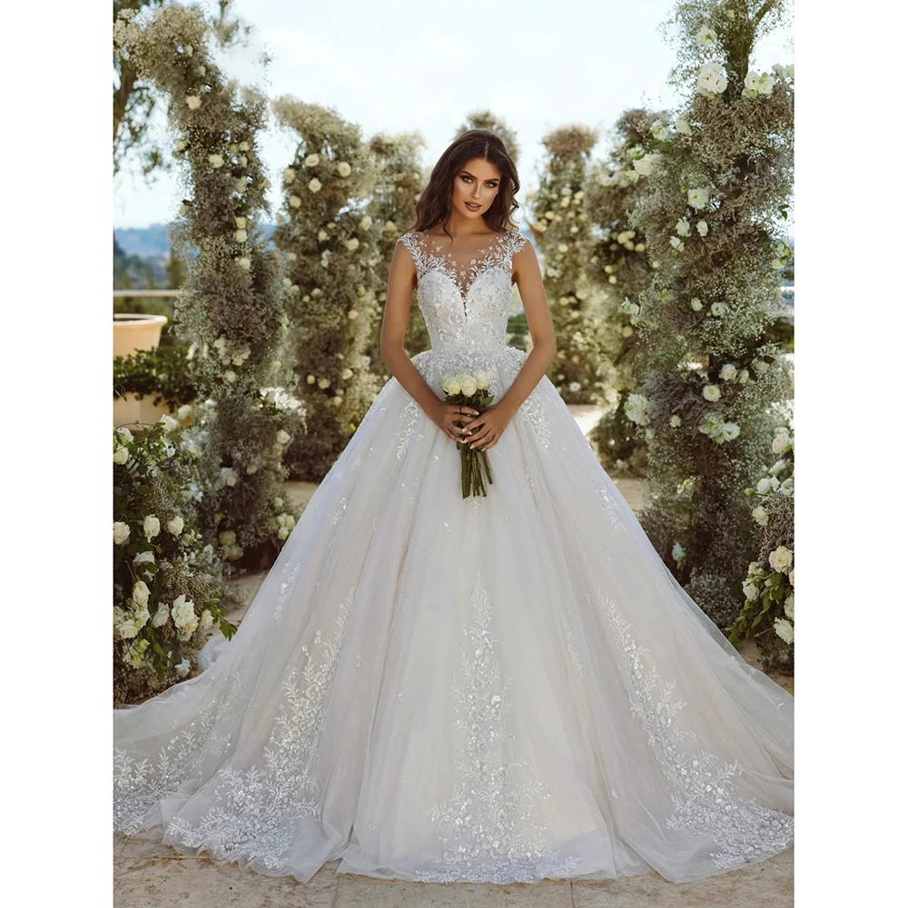 Personalizado de luxo brilhante vestido de baile vestidos de casamento elegante decote tule apliques rendas princesa vestidos de noiva novia