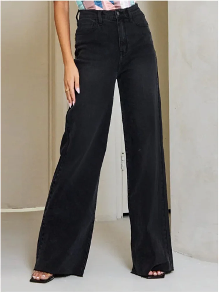 Pocket Button Pants High Waisted Solid Color Women's Jeans Street Fashion Daily Casual Commuting Style Autumn Straight Leg Pants