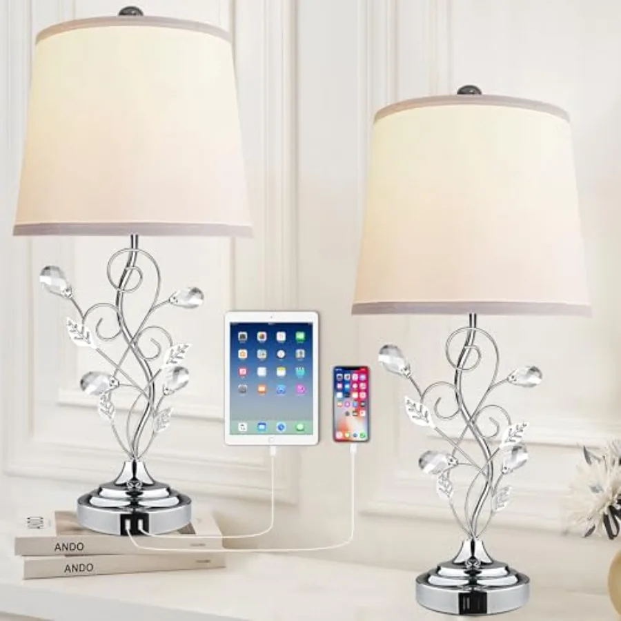 24.5in Modern Table Lamps - Set of 2 Silver with 2 USB Charging Ports White Bedside Lamps for Nightstand Unique Vine Leaf Desig