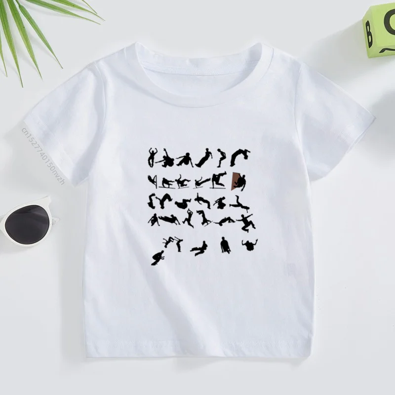 Kids Parkour Design T Shirt Boys/Girls Great Kawaii Short Sleeve Tops Children\'s Funny White T-Shirt