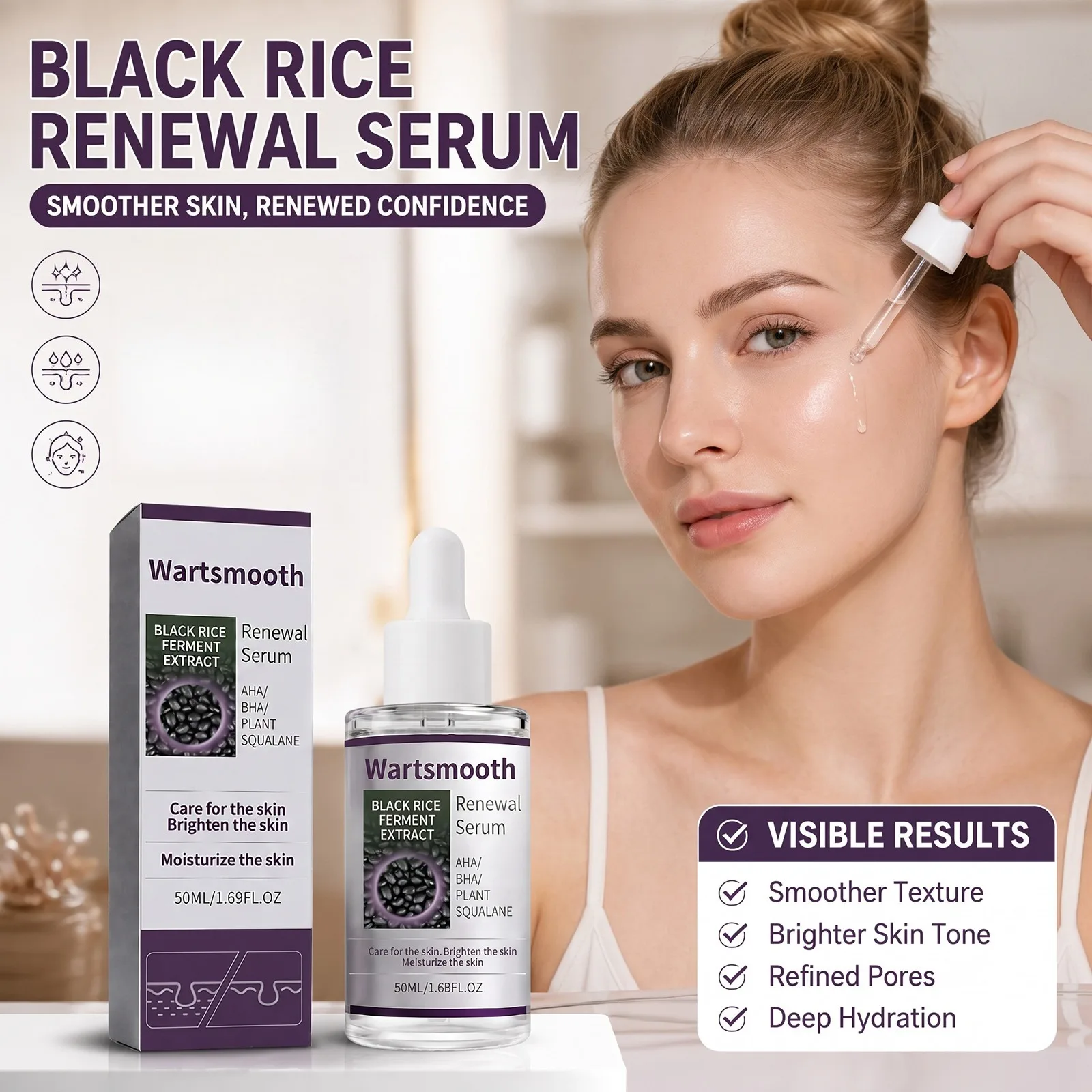 50ML Black Rice Ferment Serum for Aha Bha Squalane Skin Hydration Moisture Brightening Soothing Face Skin Care Essence