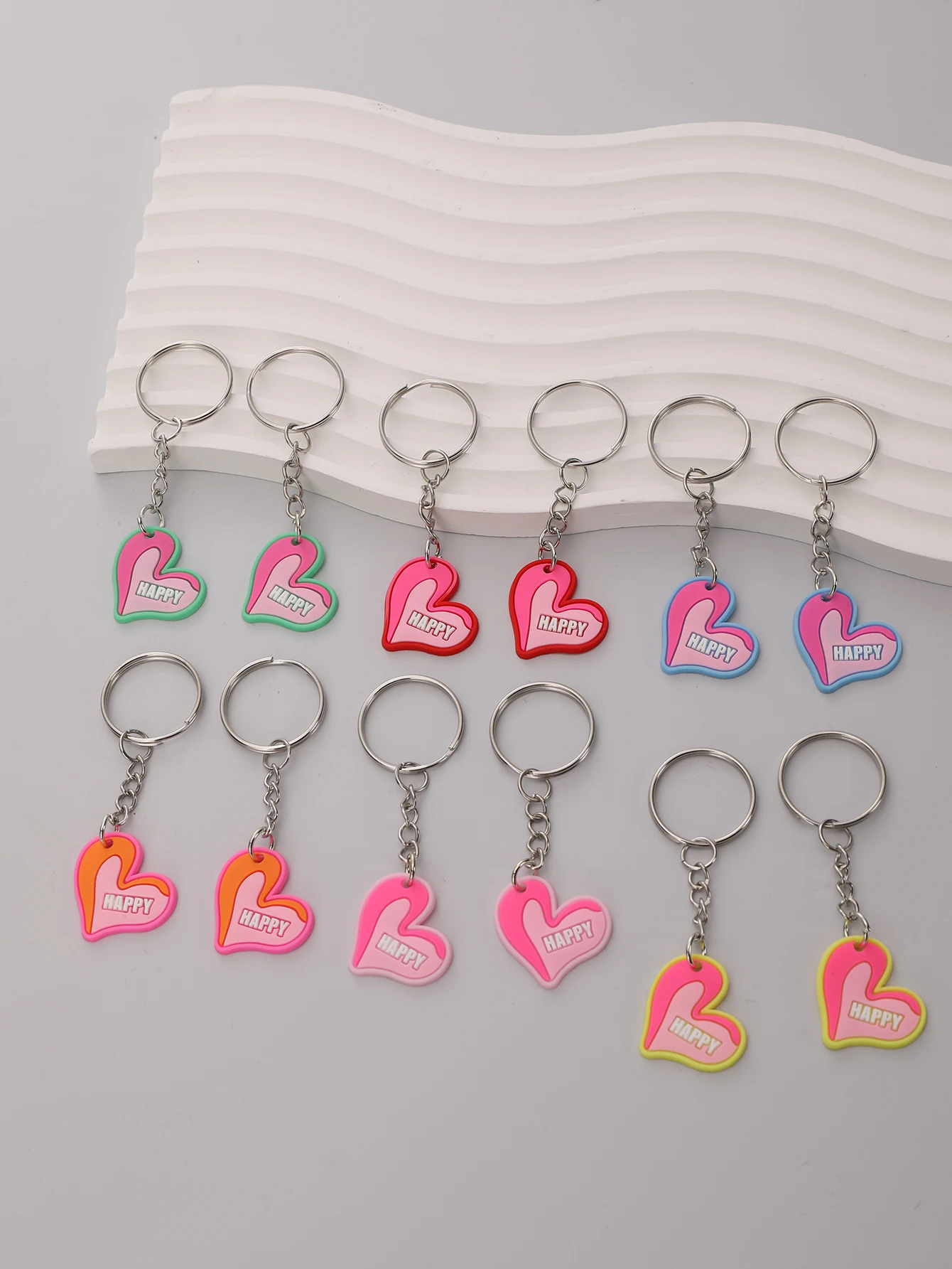12pcs Letters Happy Heart Keychain Cute Pink PVC Key Chain Ring Bag Backpack Charm Birthday Valentine\'s Day Party Decor Gift