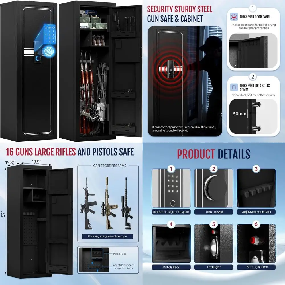

биометрический сейф для отпечатков пальцев для огнестрельного оружия: большое хранилище с регулируемыми стойками для винтовки и пистолетов, быстрый доступ