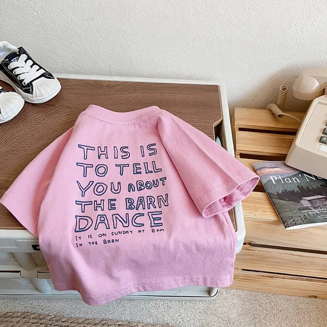 2025 Summer New Design Childrens T-shirt Korean Style Boys and Girls Pink Letter-Print Short-Sleeved Shirt Kids Korean Fashion