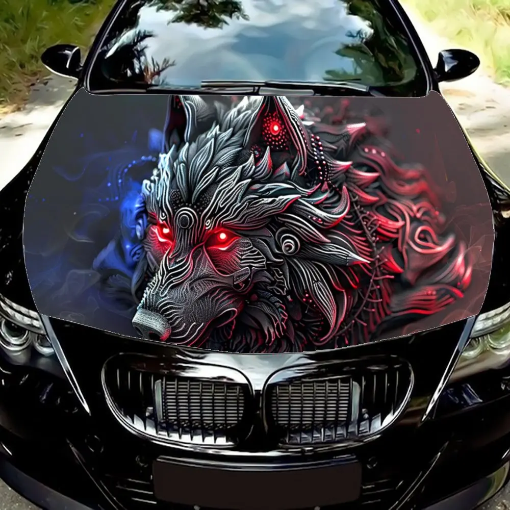 

Neon Red Eyed Animal Wolf Car Hood Wrap Color Vinyl Sticker Truck Graphic Bonnet Auto Accessories Decoration Decal Gift
