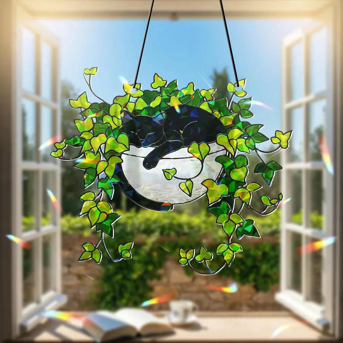 Niedliche schwarze Katze im Blumentopf, Fensterbehang, Acryl-Sonnenfänger, Blumentopf mit Blättern, Dekor, Anhänger, Wanddekoration für Zuhause und Garten