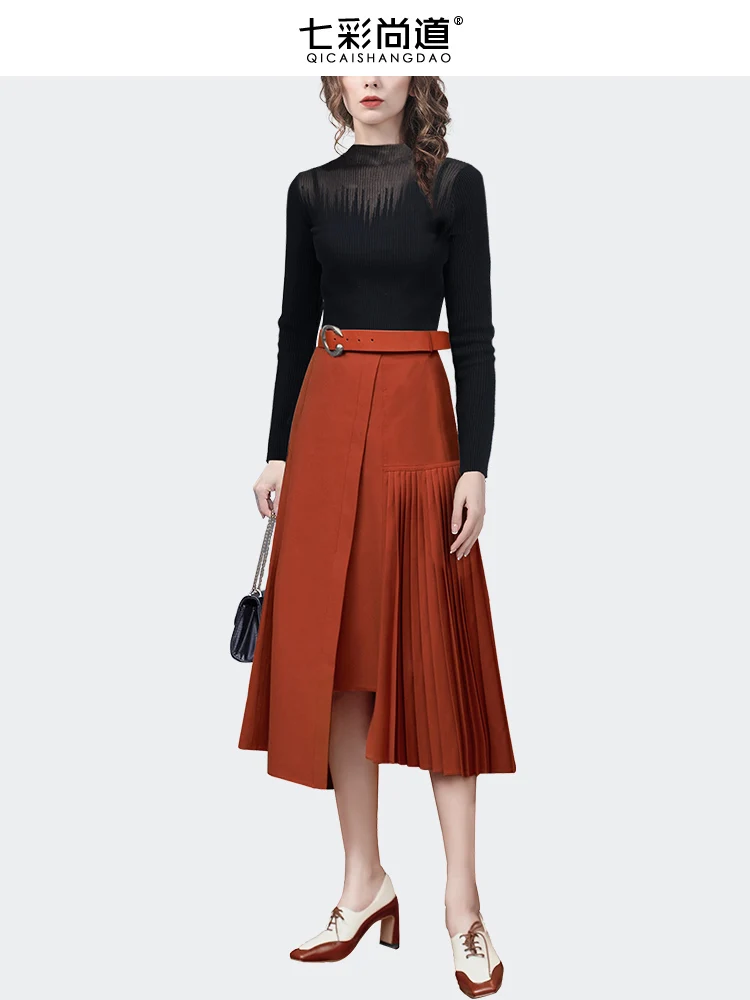 High Street Irregular Orange Pleated Skirt Women' HIgh Waist A-line Patchwork Design Mid-length Skirts 2023 Spring Summer Skirts