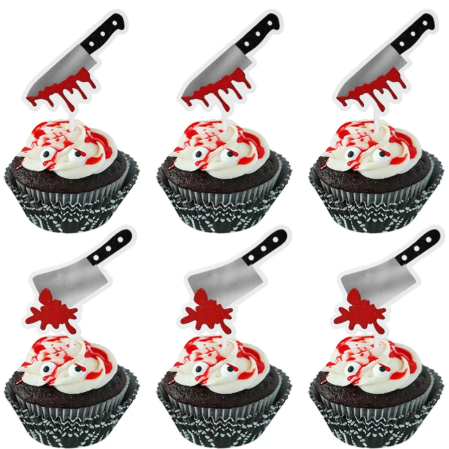 24/48 Stück Horror-Halloween-Cupcake-Dekoration, Horror-Blutmesser-Cupcake-Topper, Halloween-Thema, Killer-Geburtstagsparty-Zubehör