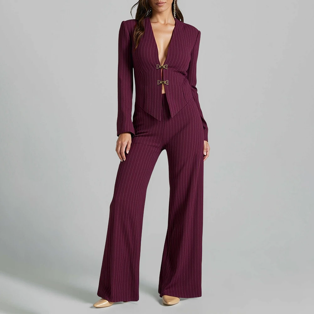 

Mia Muse Boutique Autumn Sets 2025 Women's Fashion Stripes Long Sleeve V-Neck Top High Waist Straight Pants Casual Sets