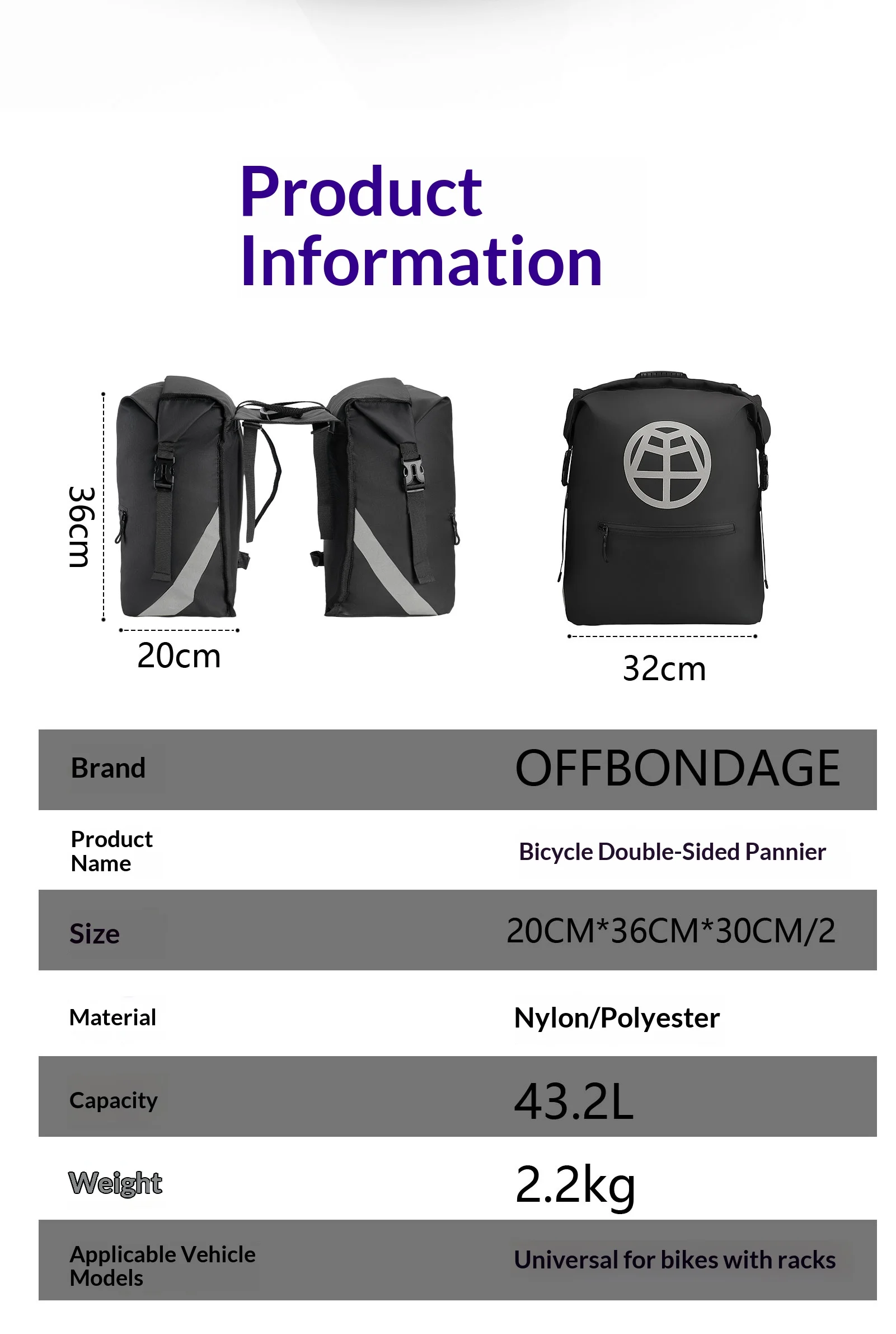 OFFBONDAGE Fahrradtaschen, 43,2 l, großes Fassungsvermögen, wasserdicht, doppelseitig, für MTB, Rennrad, Rücksitz, Kofferraumtasche, Fahrradzubehör – Detail 2