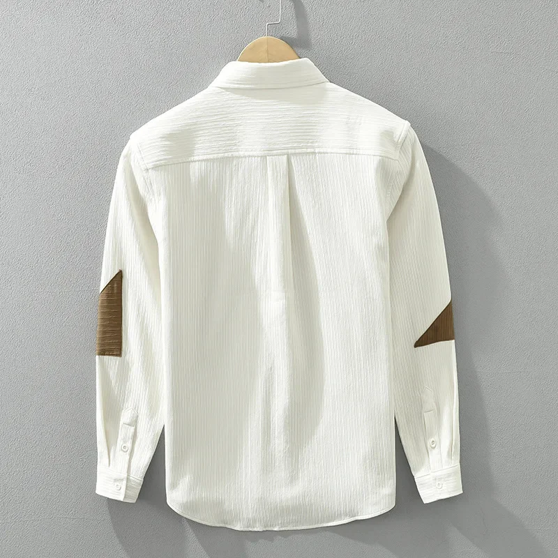 New Long Sleeve White Shirt Men Japanese Fashion Shirts Causal Lapel Contrast Color Patchwork Design Shirt Slim Youth Tops 2024