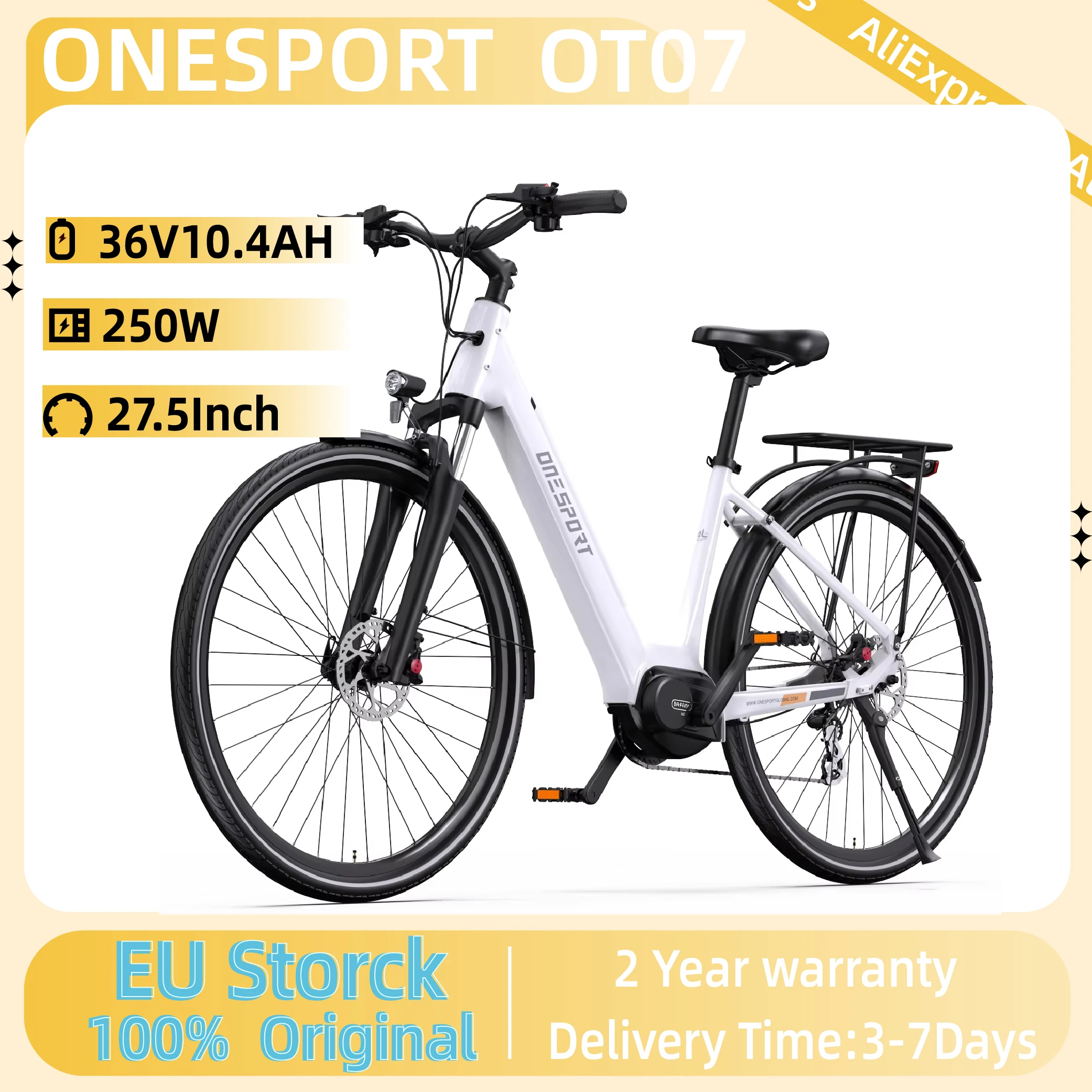 Vélo électrique ONESPORT OT07 250W, moteur de marque, batterie lithium 36V10.4Ah, pneus 27,5 pouces, vélo de ville, 7 vitesses.