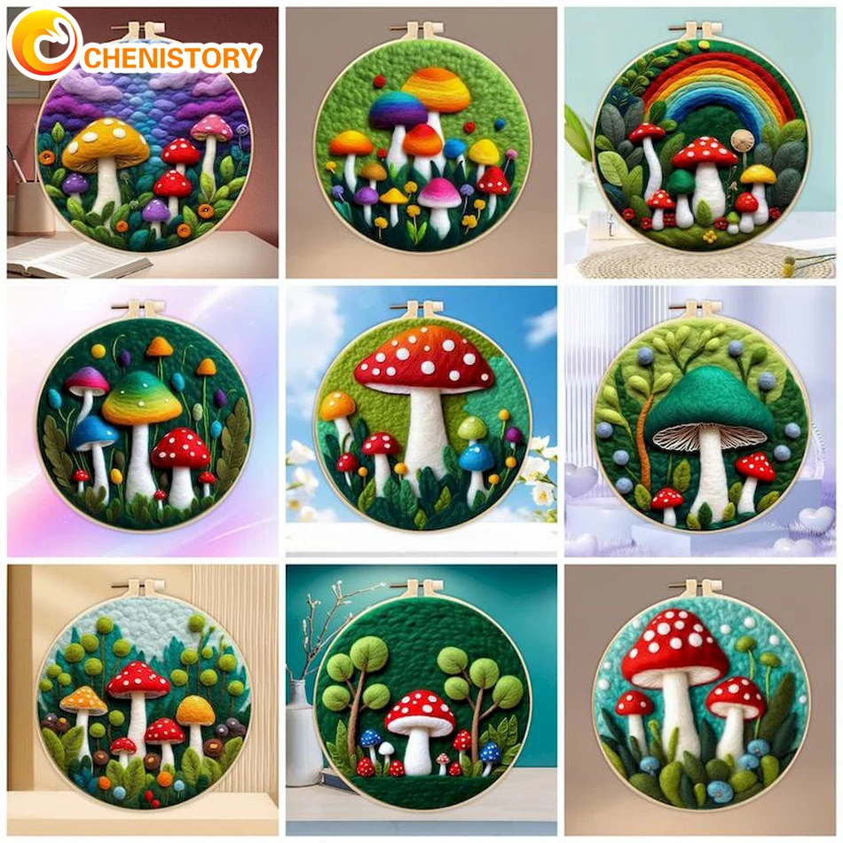 CHENISTORY Diy Wool Needle Felt Pattern Diy Wool Painting Embroidery Kit Creative Mushroom Picture Kit For Beginners Craft New A