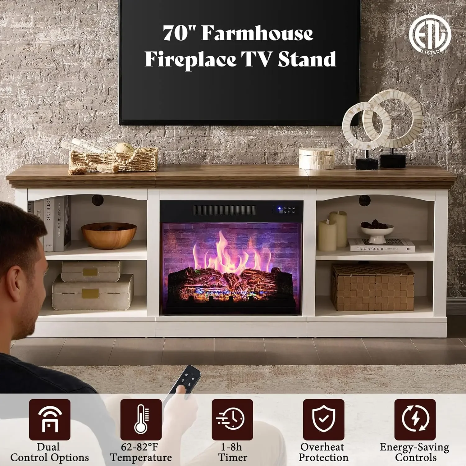 Farmhouse Media Console Table With 23 Inch Fireplace 70 Inch Tv Stand For Up To 80 Inch Tvs Open Shelves One Box Delivery Living