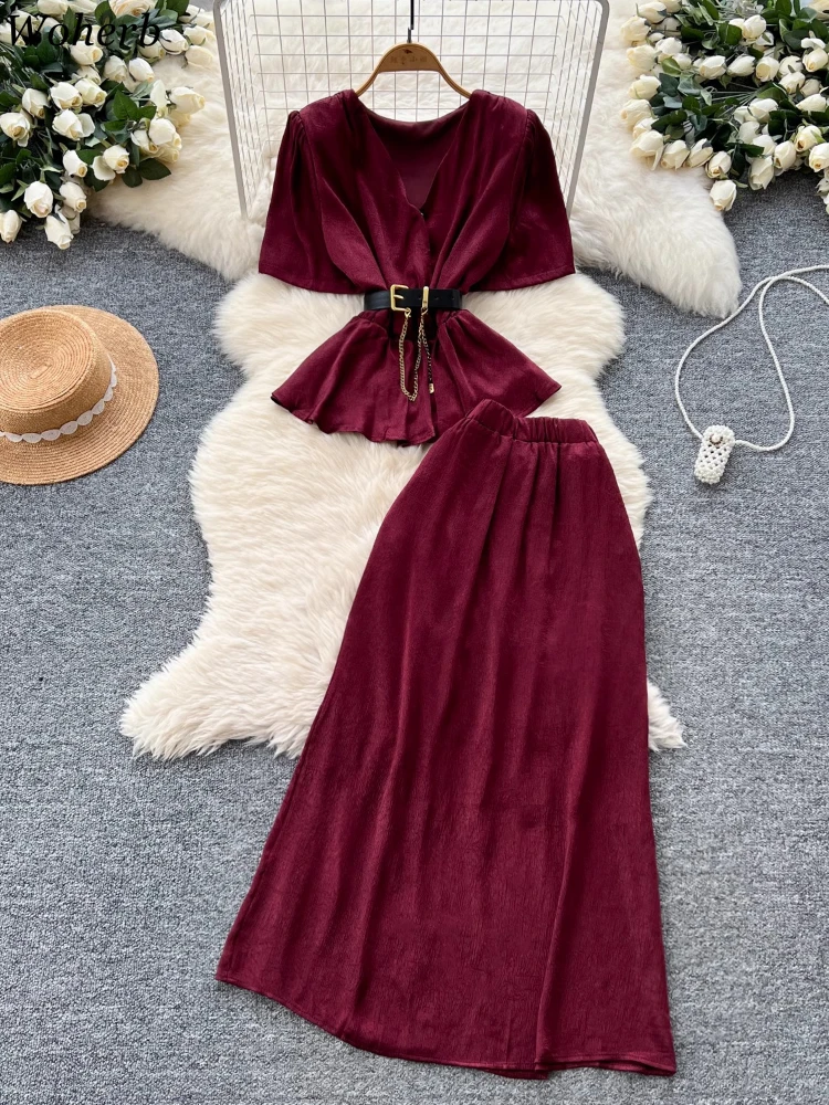 

Summer Temperament 2 Piece Skirt Set Women Clothes V Neck Puff Sleeve Tops + High Waist A-line Long Skirts Outfits Vintage Suit