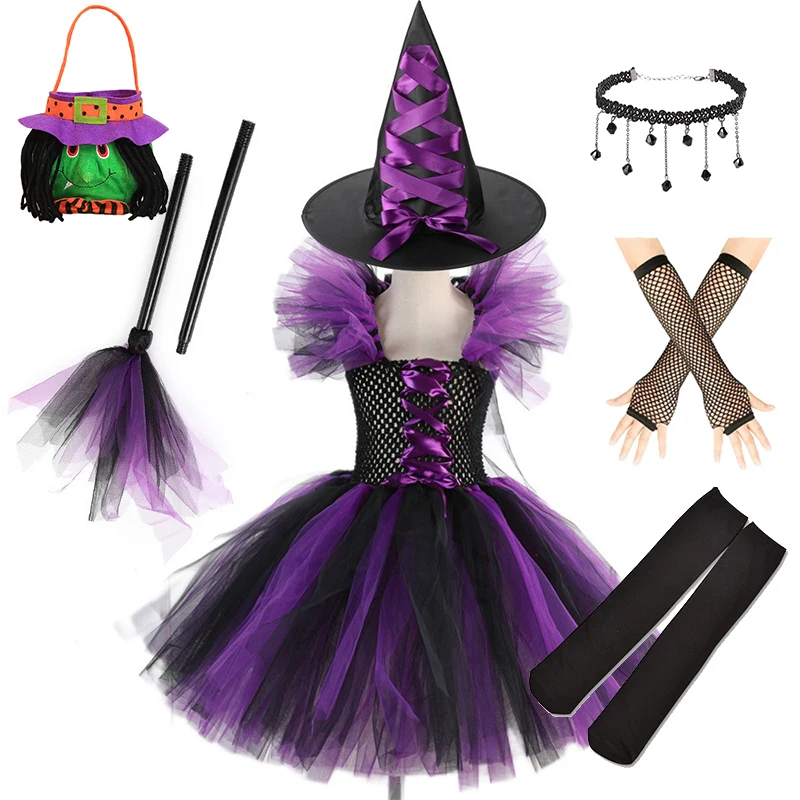 Halloween Maleficent Costume for Girls 2024 Fancy Purple Tutu Dress Kids Cosplay Demon Queen Witch Carnival Party Clothes