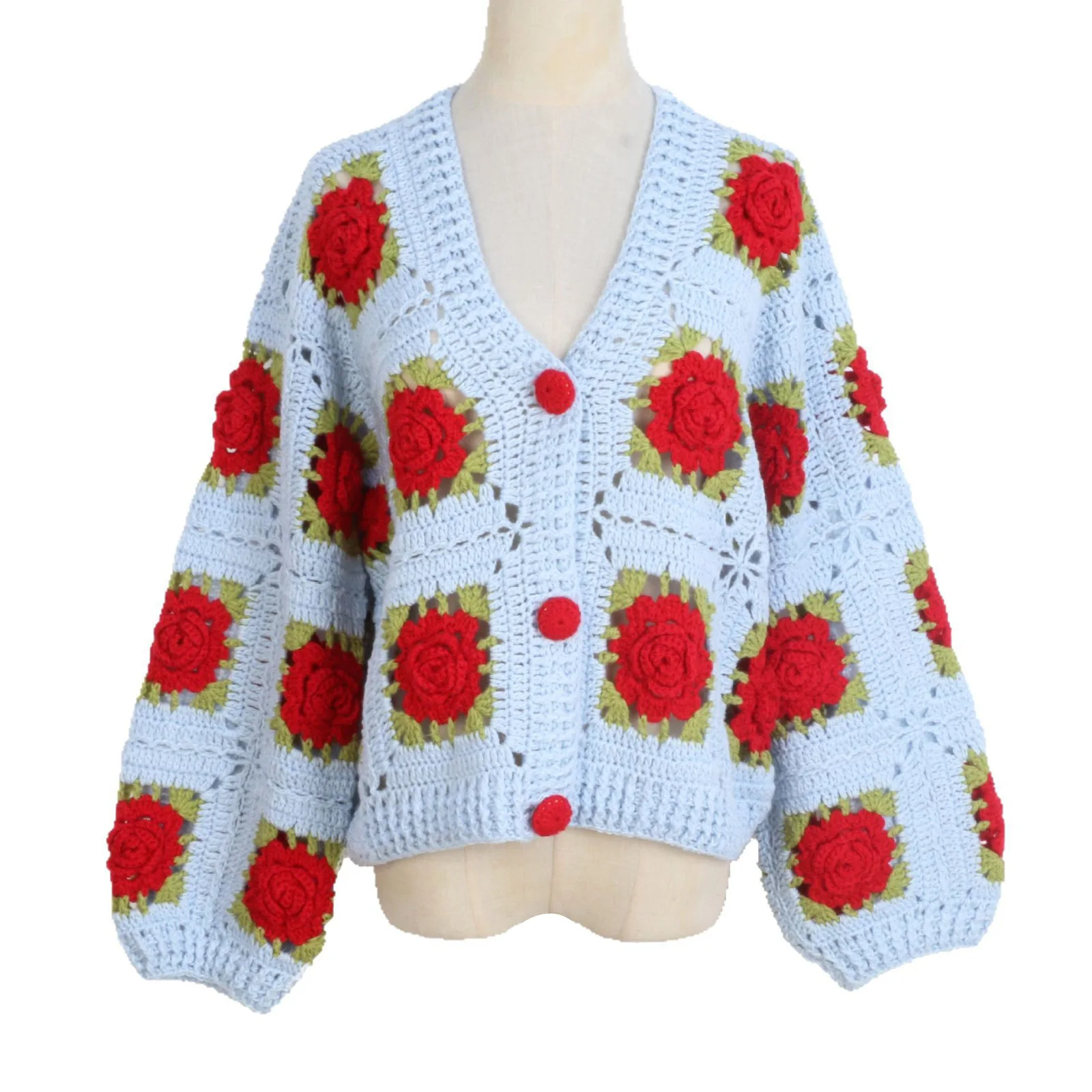 

Bohemian hand-crocheted three-dimensional rose hollow knitted cardigan 2025 autumn and winter V-neck long-sleeved sweater top
