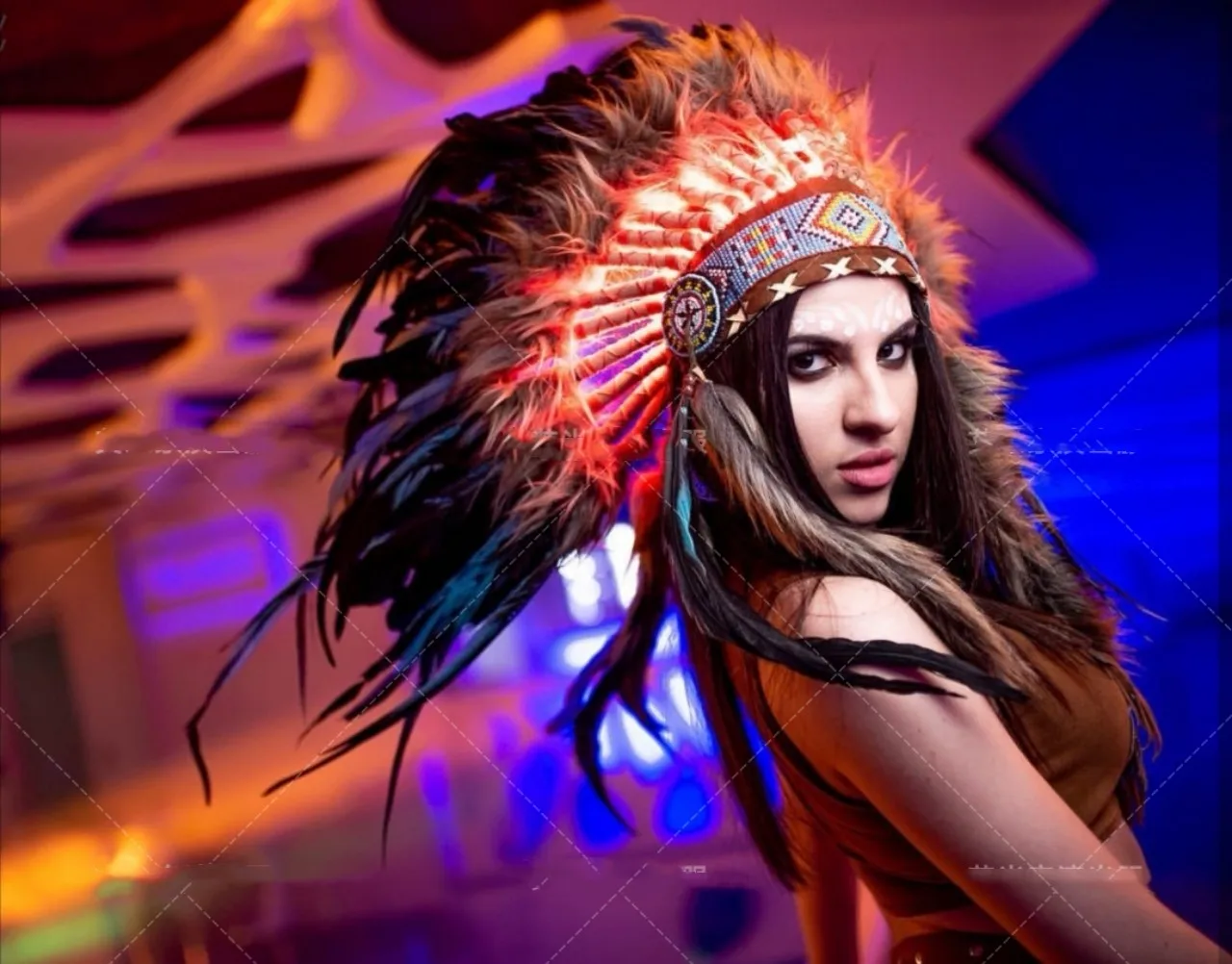 

Savage party African tribe national feather headdress bar dance costume of DS dance team.