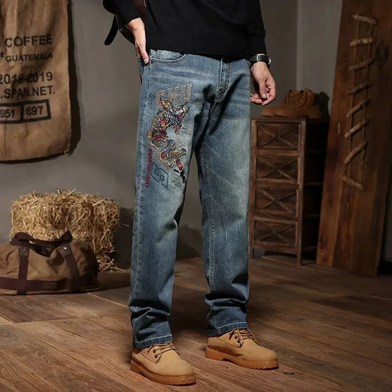 

Spring and Autumn New Fashion Trend Printed Straight-Leg Jeans Men's Loose Retro Sport Comfortable Elastic High-Quality Pants