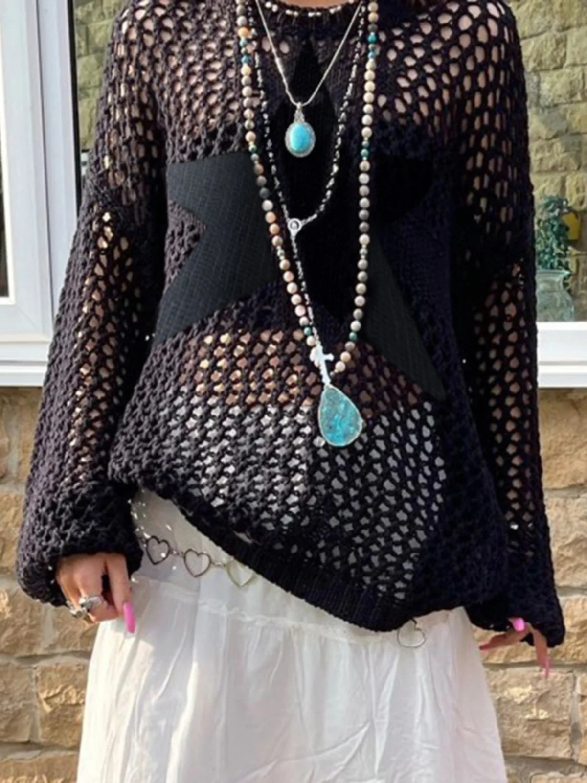 

Women's Hollow Perspective Woolen Casual Cover up Knitted Sweater Street Sle Loose Fit Long Sve round Ne Super Thin