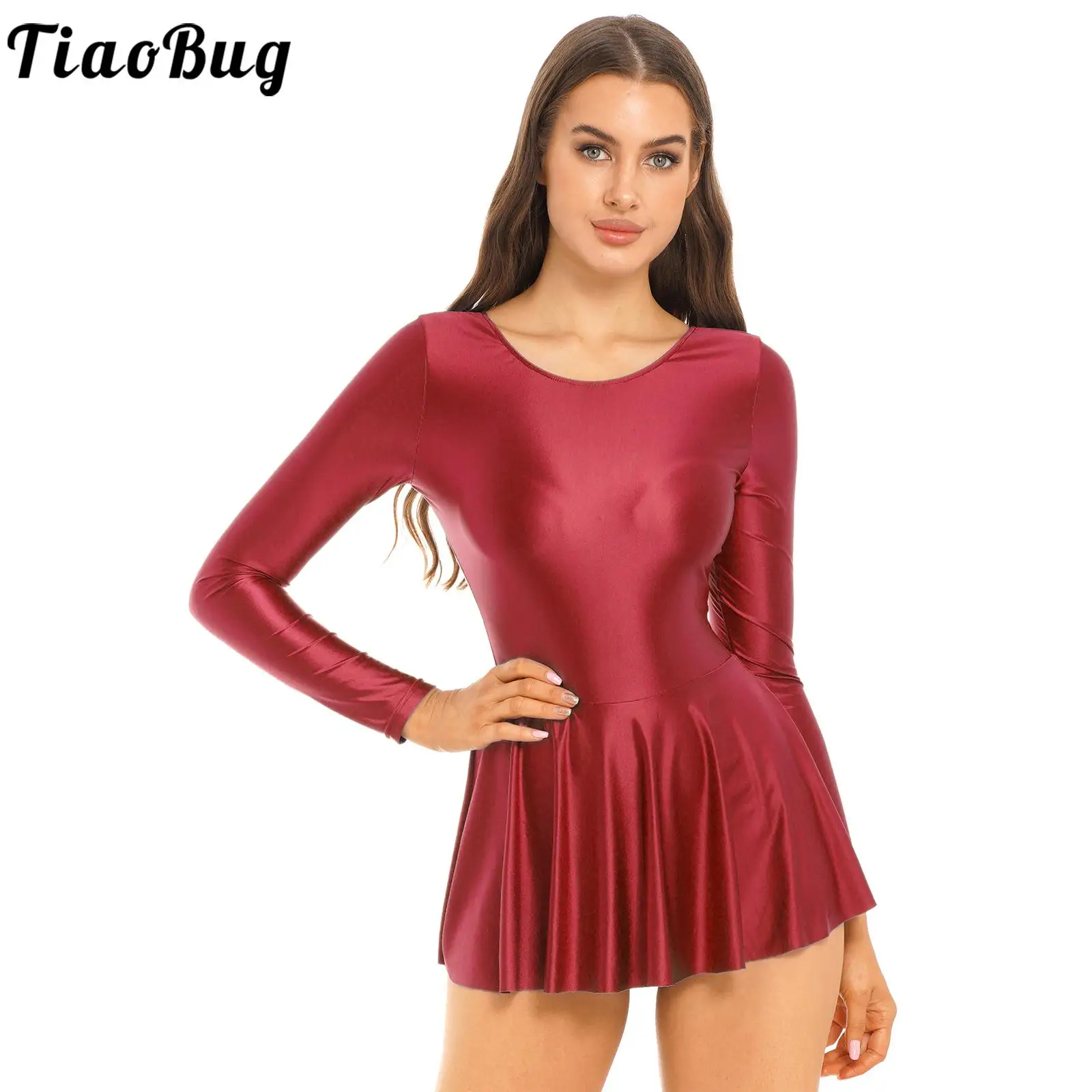 Womens Glossy Long Sleeve Ruffled Dress Solid Color Round Neck Leotard Dresses for Sports Ballet Dance Swimming