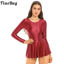 Womens Glossy Long Sleeve Ruffled Dress Solid Color Round Neck Leotard Dresses for Sports Ballet Dance Swimming