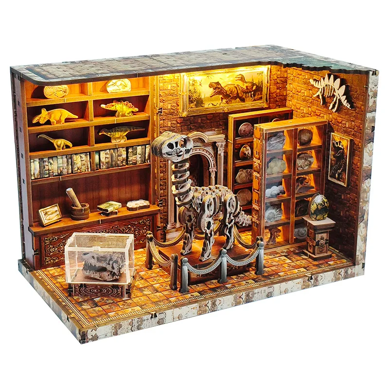 Kit modello in miniatura in legno fai-da-te Istituto di ricerca dei dinosauri Case delle bambole Puzzle 3D Casa delle bambole con mobili per regali di amici