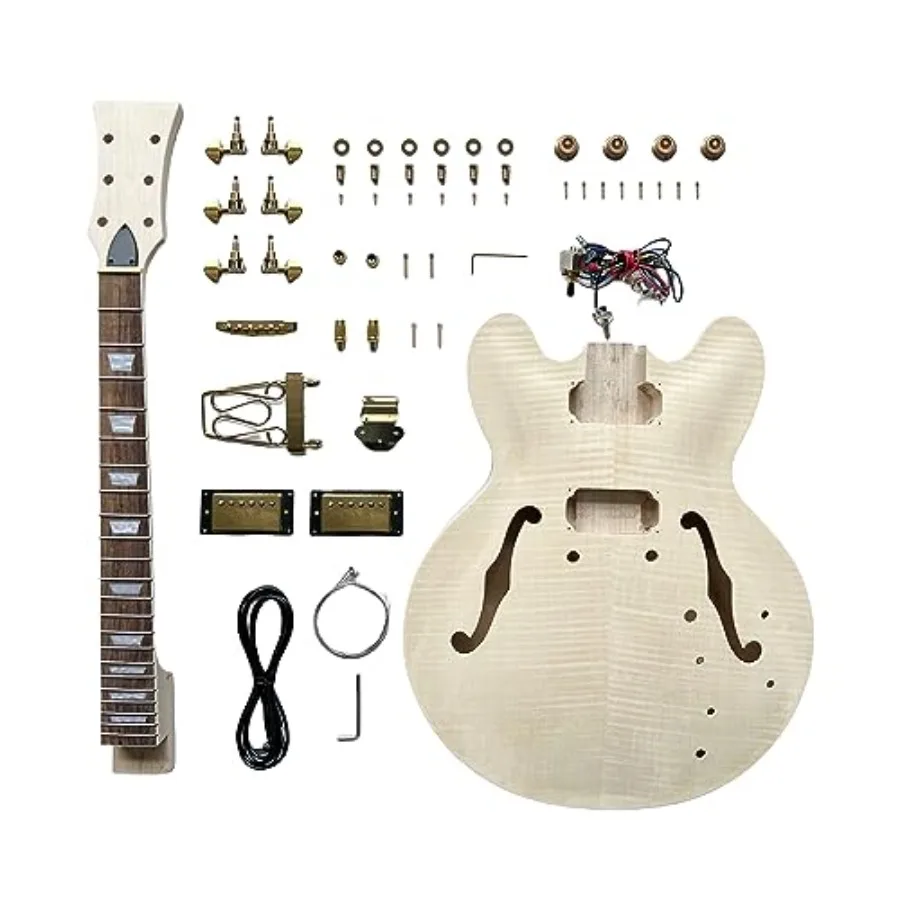 DIY Electric Guitar Kit for Beginners, Semi-Hollow Body with Paulownia Core Maple Plywood, Natural Wood Color, Easy Assembly Cu