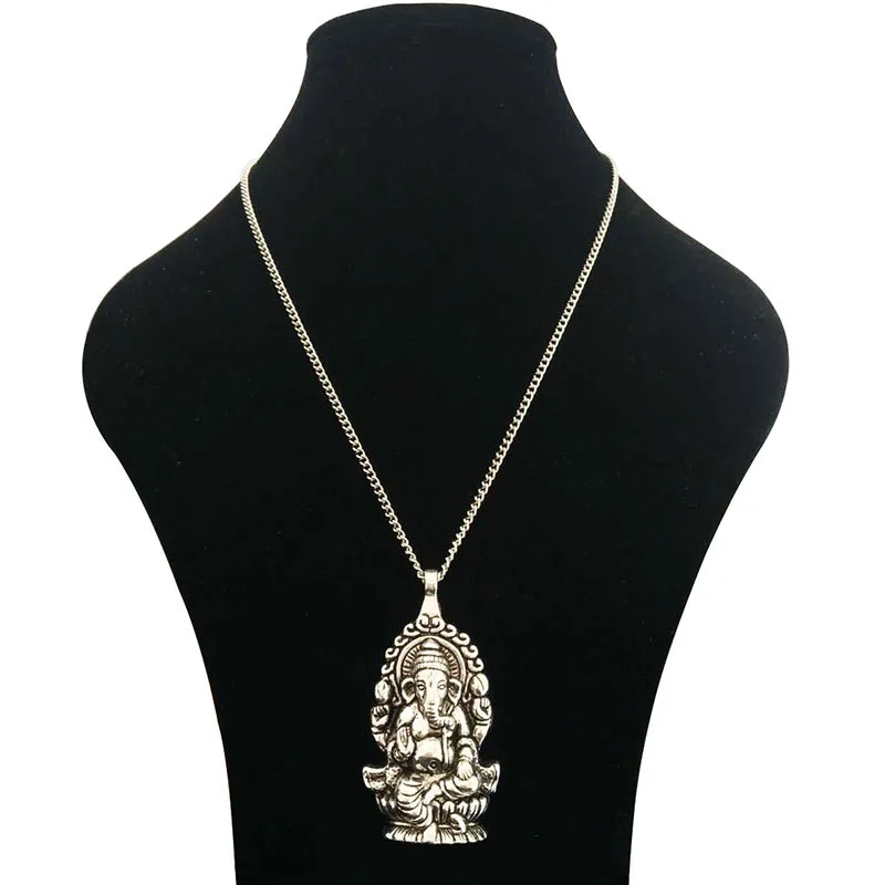 1 x Tibetan Silver Metal Large Ganesha Elephant Hindu God Of Beginnings Pendant Necklaces on Long Chain Lagenlook 34\