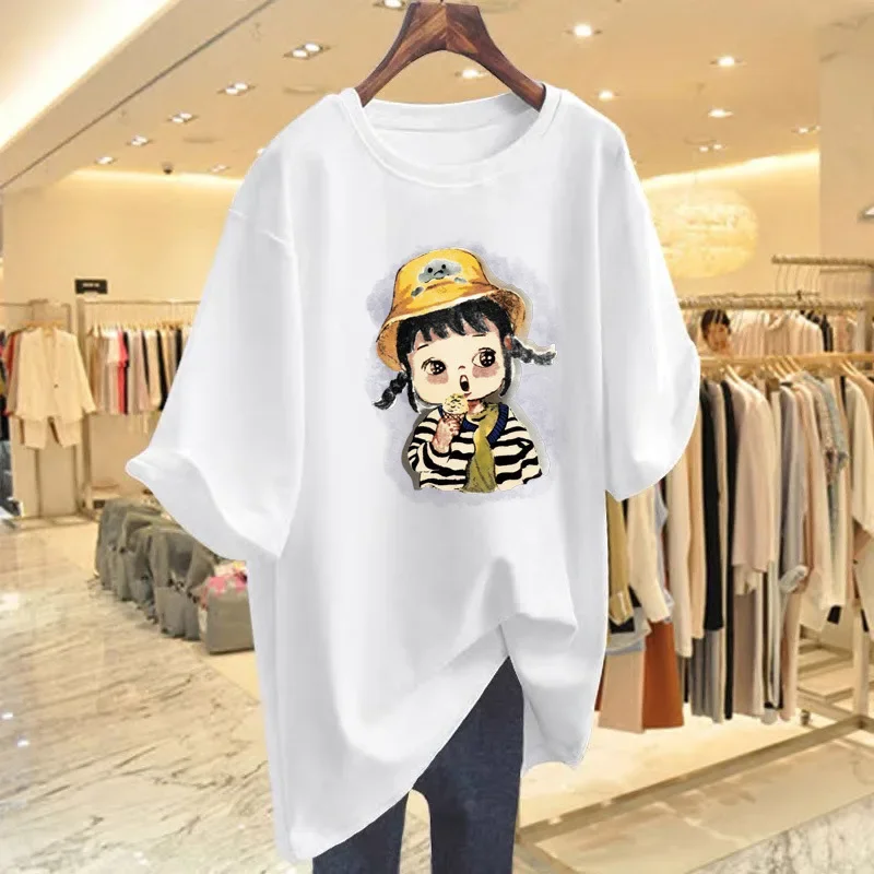 Pure Cotton Short Sleeve T-Shirt Women's Summer New Style Shoulder round Neck Loose Large Size Fashion Printing Mid-Length Butt