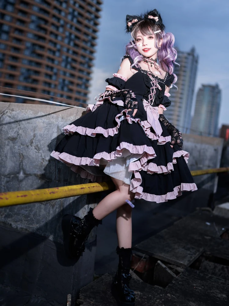 Lolita Dress for Girls, Lace-up Bow, Three-Section Strap, Daily Photo Shoot