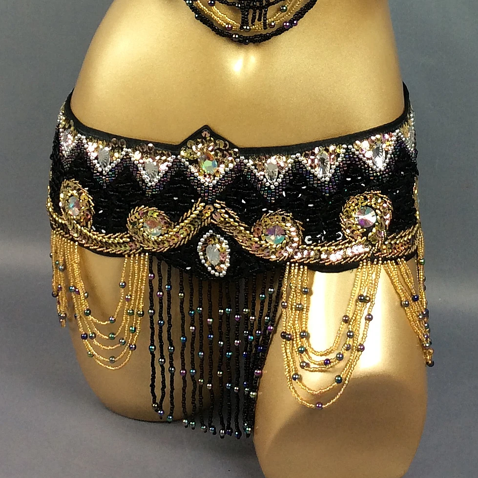 Costume de danse du ventre à paillettes pour femmes, écharpe de hanche ronde, ceinture de danse du ventre faite à la main avec pompon, perles à la