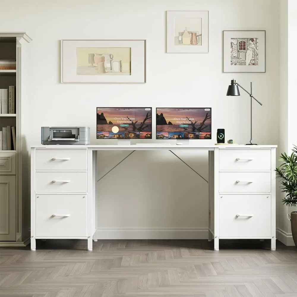 63 inch Office Desk with 6 Fabric Drawers & File Cabinets, Work from Home Computer Desk with Hidden Storage Stand, White