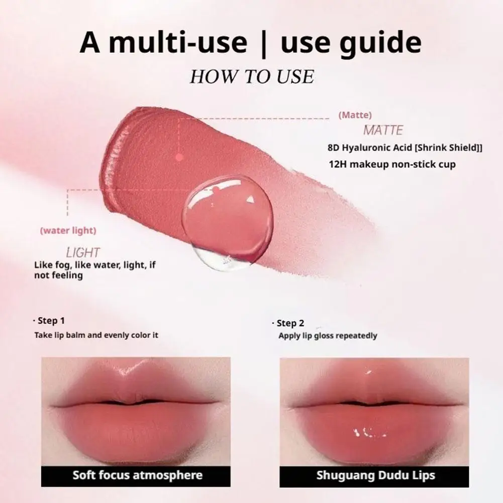 Mooekiss espelho de brilho labial de duas cabeças, hidratante, cabeça de escova de longa duração, copo antiaderente, formador de filme, batom labial