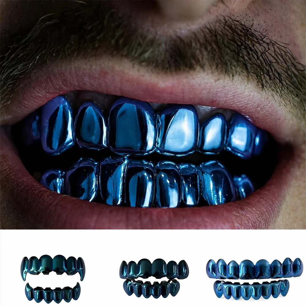 Drak Blue Color Hip Hop Grillz Set 6-8 Teeth Smooth Surface Top & Bottom Teeth Rapper Punk Style Jewelry for Men And Women