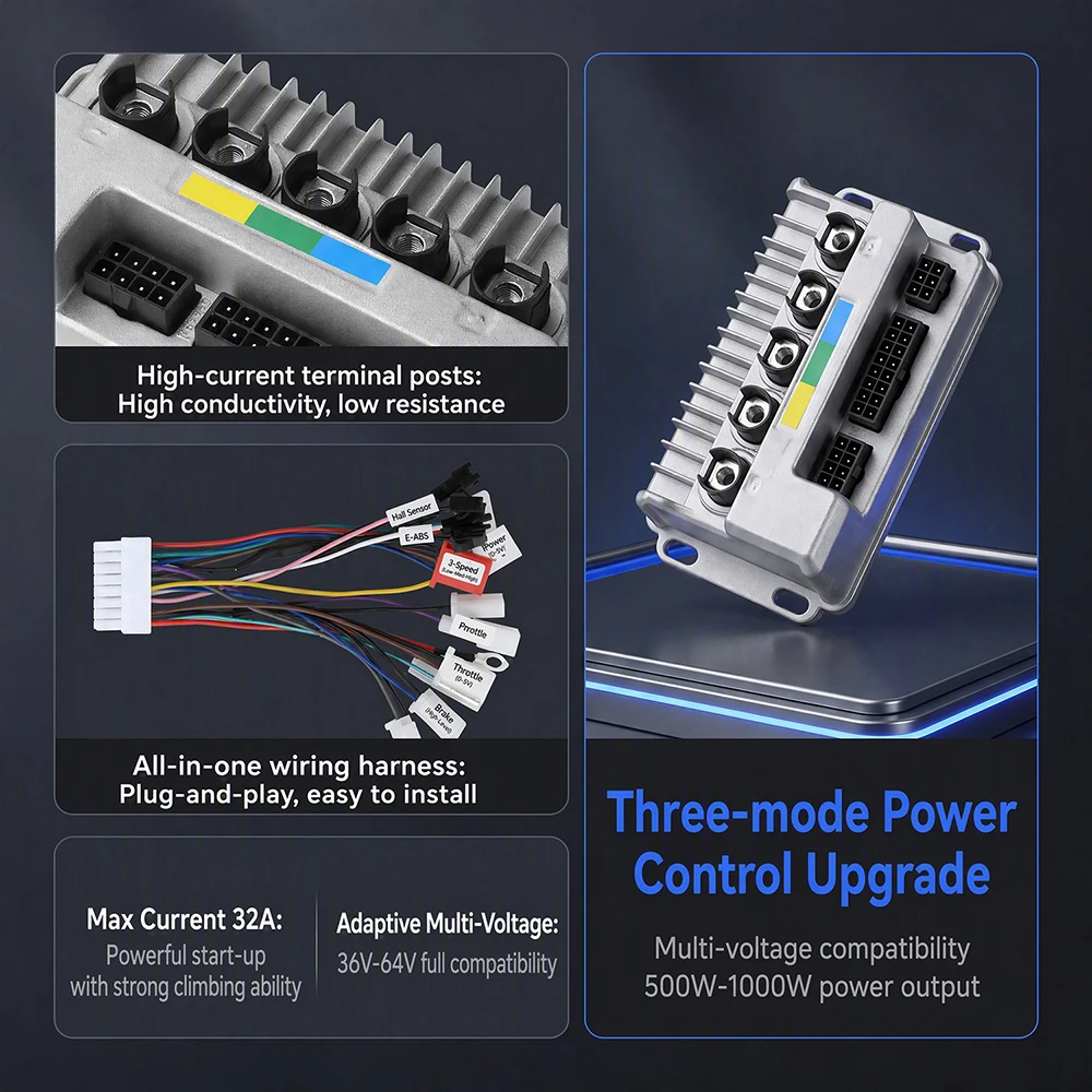 500-1000W Sine Wave Acceleration-Optimized Motor Controller 36V 48V 60V 64V 25-30A Motor Upgrade for Electric Bikes/Scooters