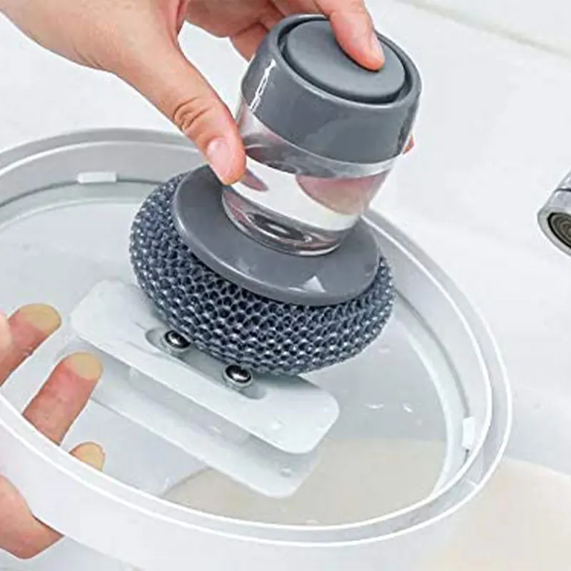 Kitchen Soap Dispensing Palm Brush Automatic Liquid Adding PET Ball Pot Brush Cleaner Push-type Brush Kitchen Detergent Tools