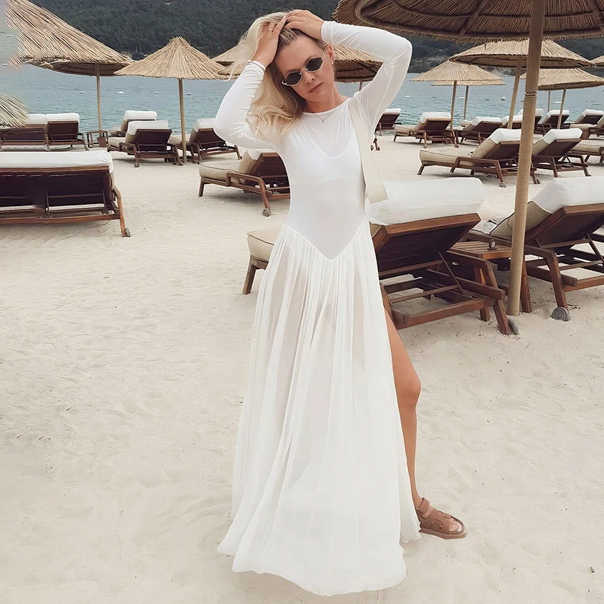 Linad elegante abito lungo in maglia bianca stile spiaggia abiti spaccati a vita alta femminile sexy velato o collo abito diviso donna 2025 nuovo