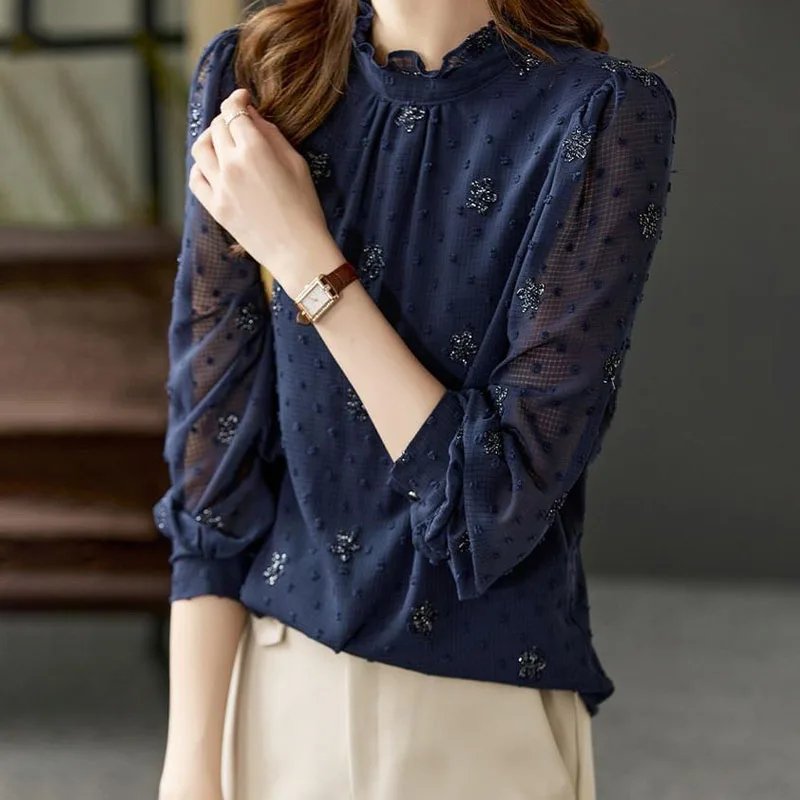 2023 New High-End Temperament Elegant Fashion Chiffon Long Sleeve Blouses Pullovers for Women Office Lady All-match Chic Tops