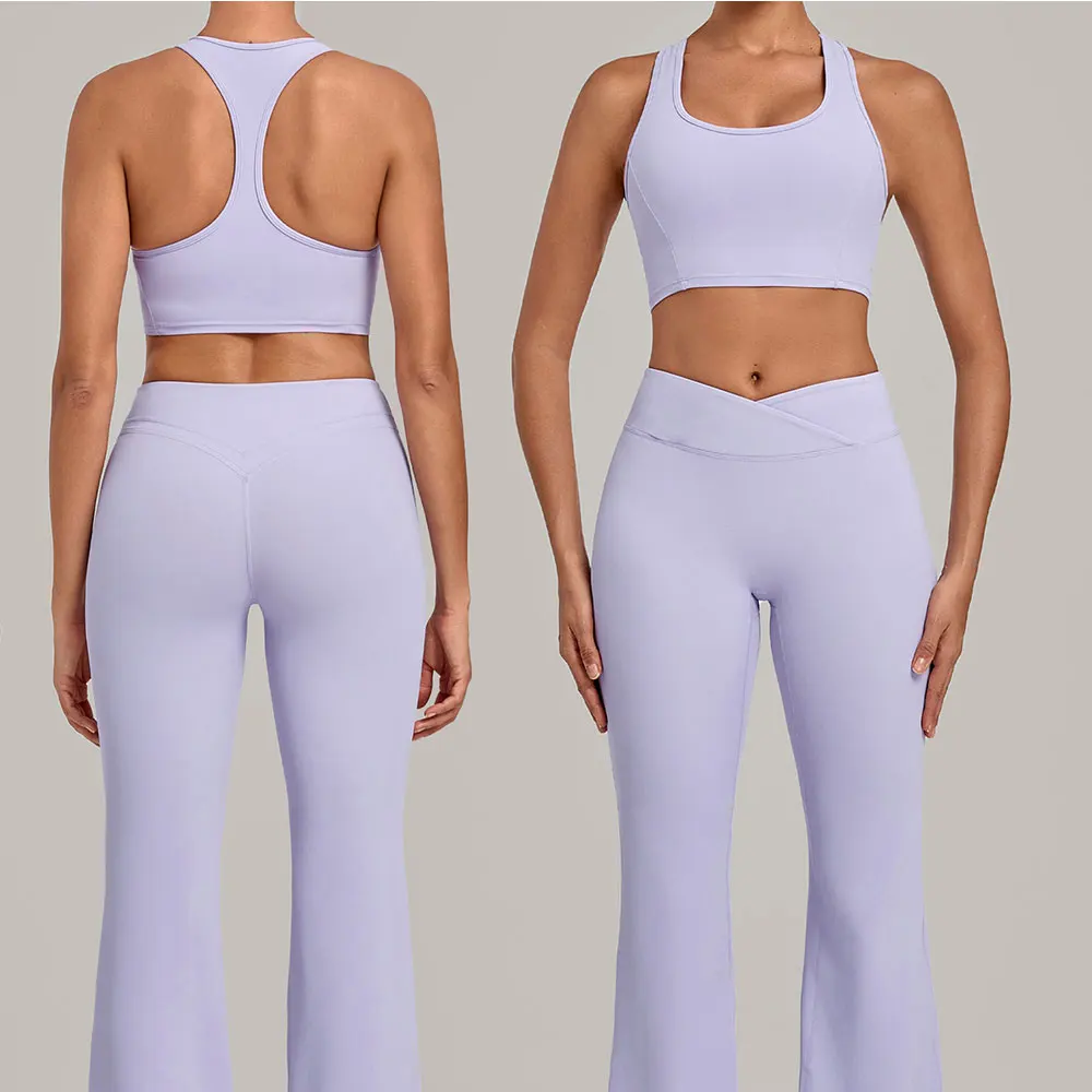 2026 New Fitness Set 2Pcs High Intensity Back-Cross Anti-Shock Sports Bra Gym Women High Waist Butt Lift Wide Leg Flared Pants
