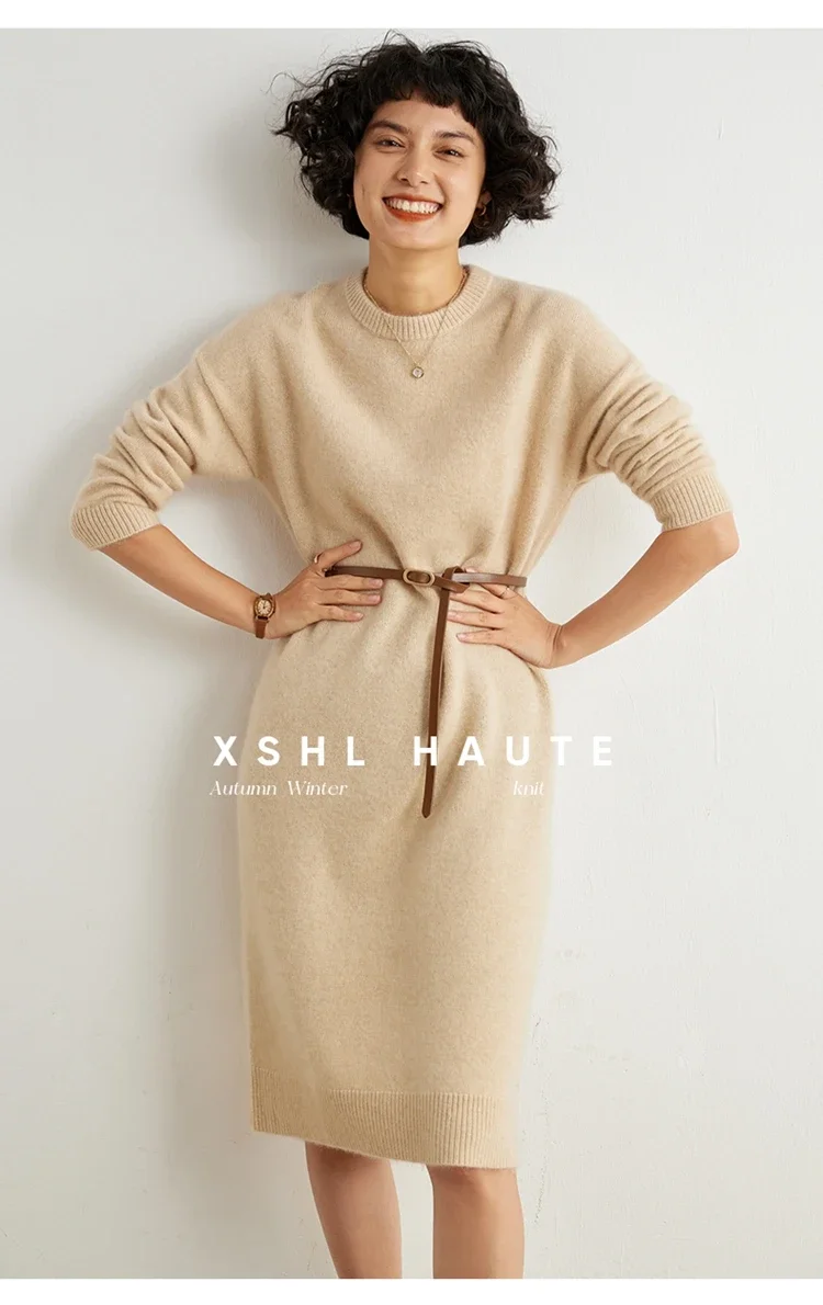 Women's Simple Loose Mid-Length Over-the-Knee Cashmere Sweater Thickened round Neck Knitwear Base for Autumn Winter