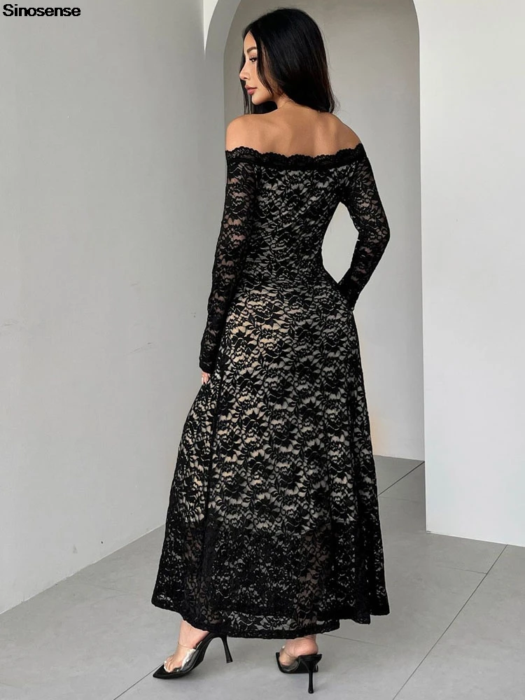 女性用オフショルダーボディコンマキシドレス、花柄レース長袖、秋のドレス、エレガントなロングイブニングドレス、結婚式のゲスト、カクテルパーティードレス