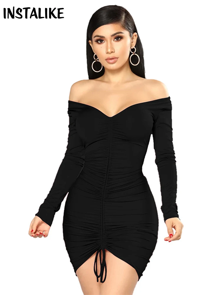 

InsLike-Sexy Off Shoulder Folds Dress for Women, Elegant Slim Long Sleeve, Ruched Mini Dress, Drawstring Clubwear, Birthday Part