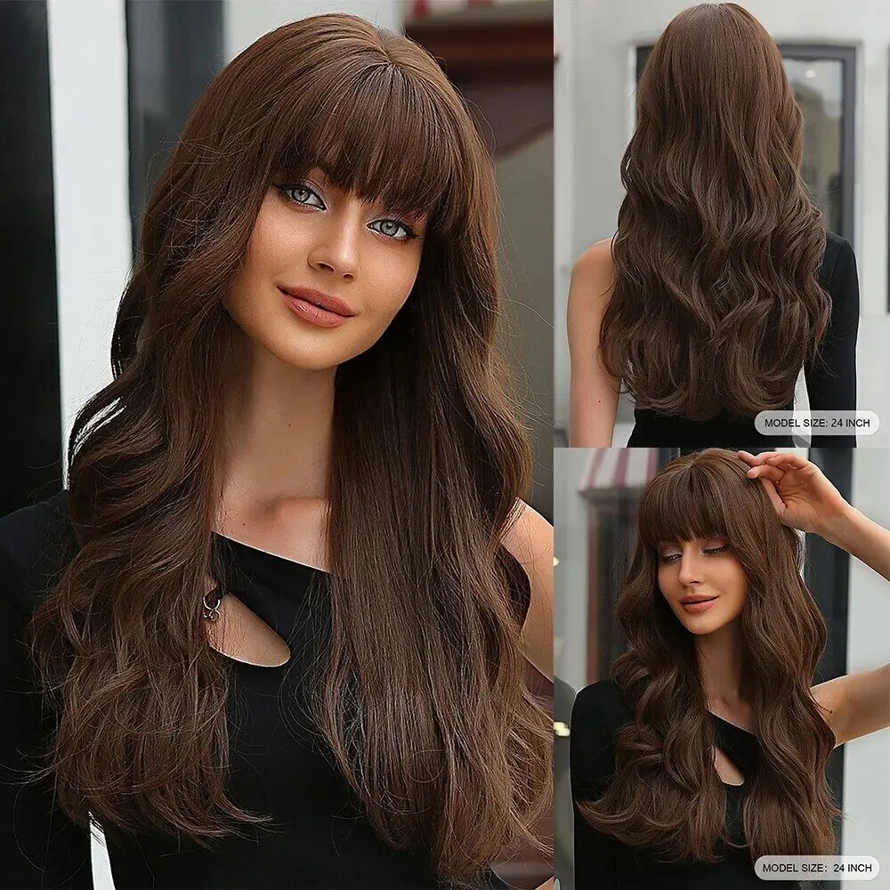 

Choc Brown Long Wavy Women Heat Resistant Hair Dress Up Wigs With Bangs