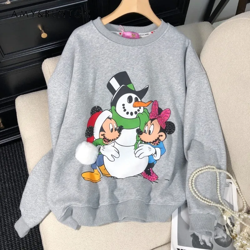 

Cartoon Printed Beaded Crew Neck Fleece Casual Versatile Sweatshirt Women's Sequin Loose And Thin Long-sleeved Red Top Hoodies