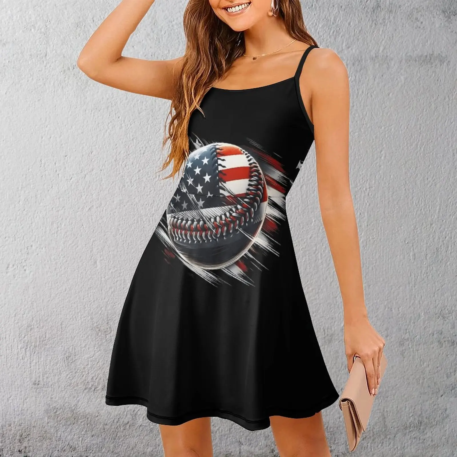 

American Flag Baseball Design Casual Graphic Exotic Woman's Dress Women's Sling Dress Humor Cocktails Suspender Dress