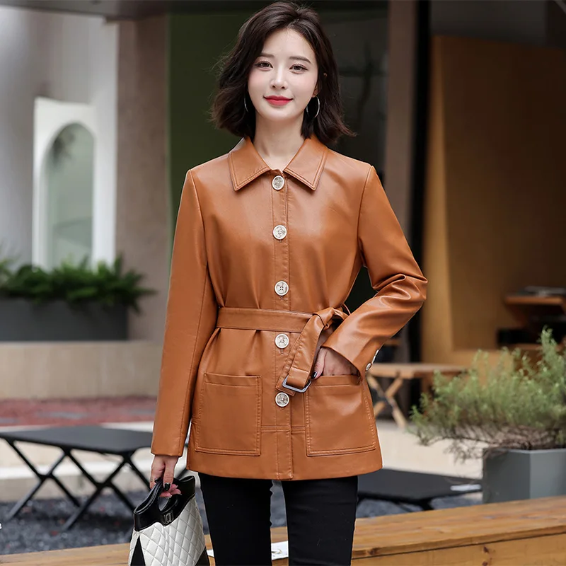 New Women Spring Autumn Leather Coat Fashion Turn-down Collar Single Breasted Leather Trench Coat Casual Split Leather Jacket